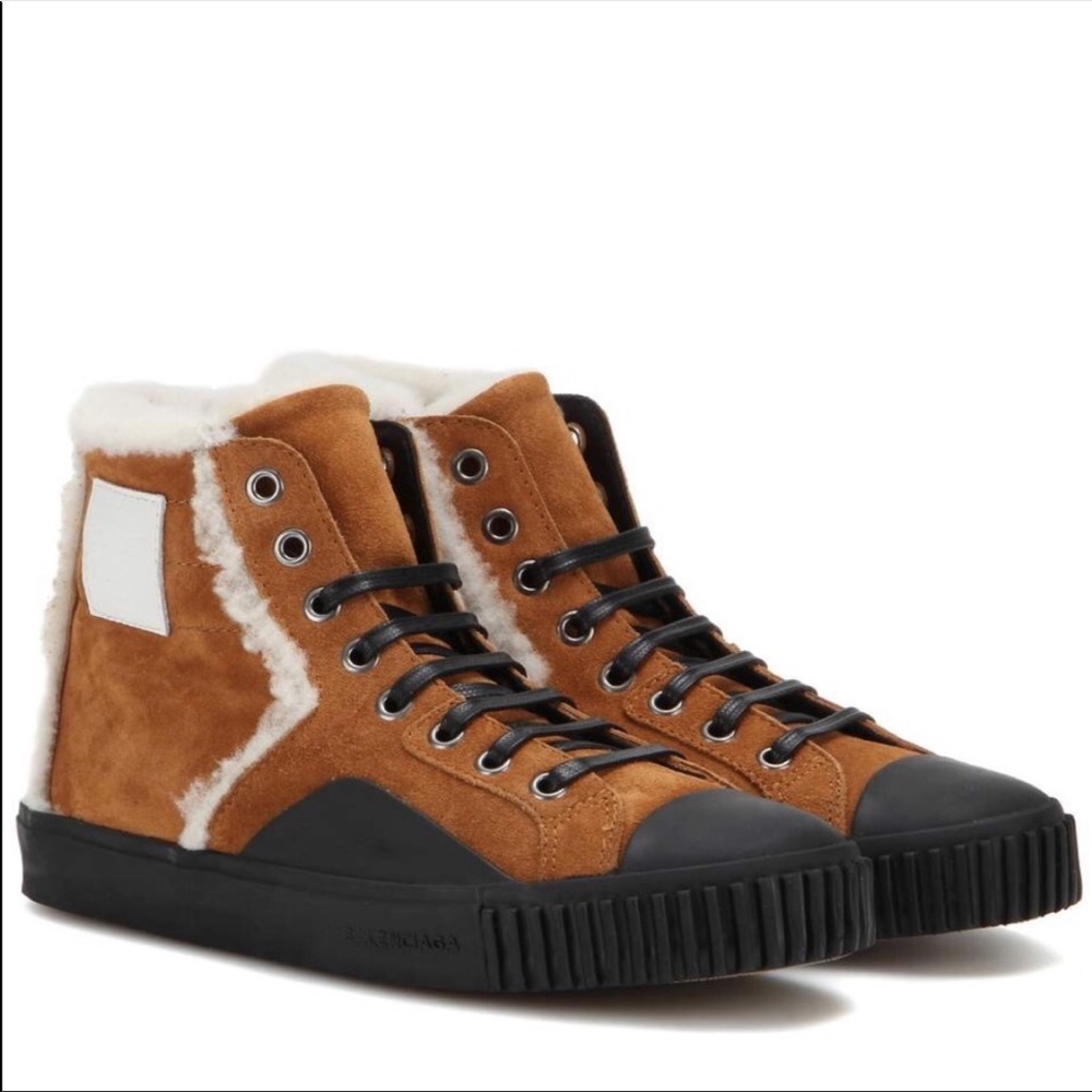 Balenciaga Shearling Fur-Lined Suede High-Top Sneaker, Tan